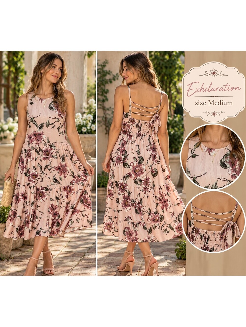Xhilaration | M | Blush Floral Tiered Lace Up Back Midi Dress